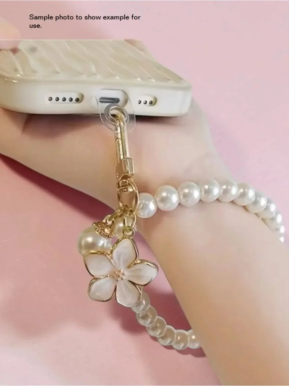 Pearl Beaded Phone Wrist Strap with Floral Charm - Gold Accent